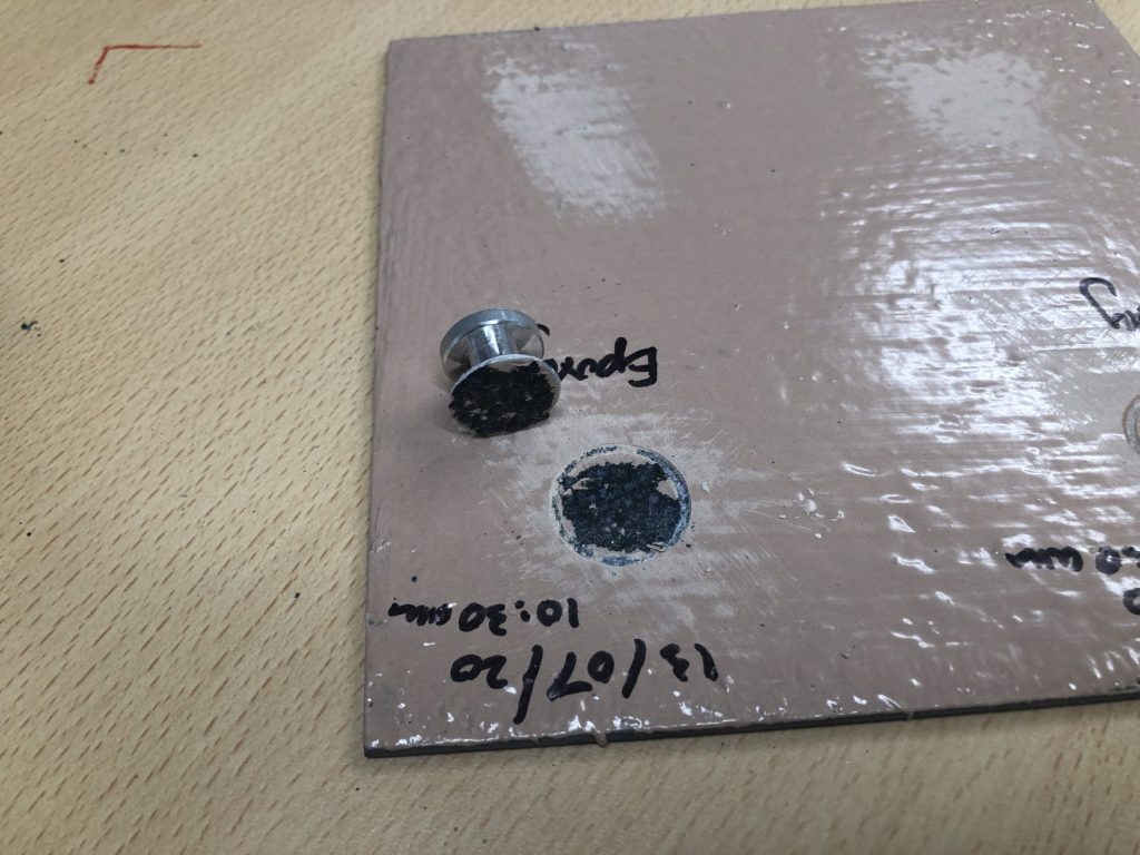 As important as the value at which adhesion fails, is the mode of failure. Here you can see that at the point of failure the coating has removed the top surface of the glass fused steel.