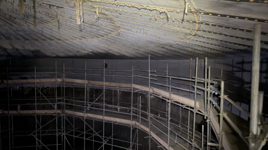 Areas not to be coated were masked using specialist cutting tapes, suitable for the rapid gel time of polyurea systems.