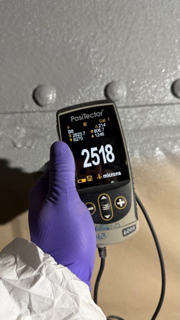 Thickness checks were carried out, and any areas below the required build were immediately rectified — a key advantage of rapid-cure polyurea systems.