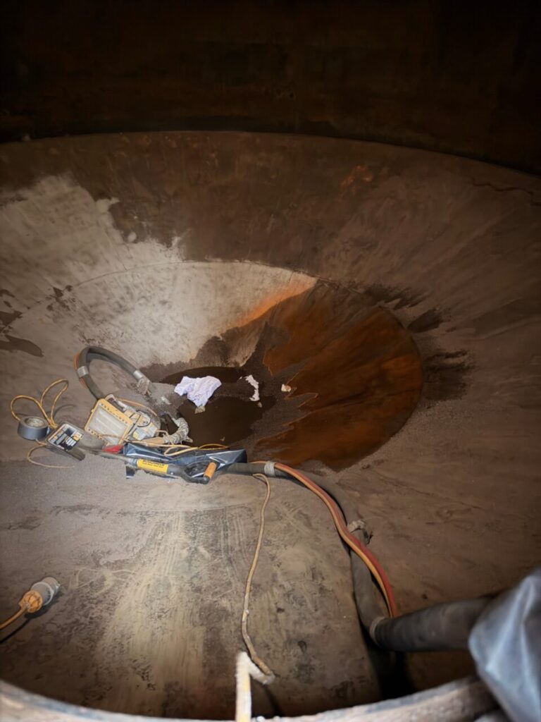 Waste Oil Tank Lining Coventry 08 - Corroded Cone Outlet Revealed During Blasting